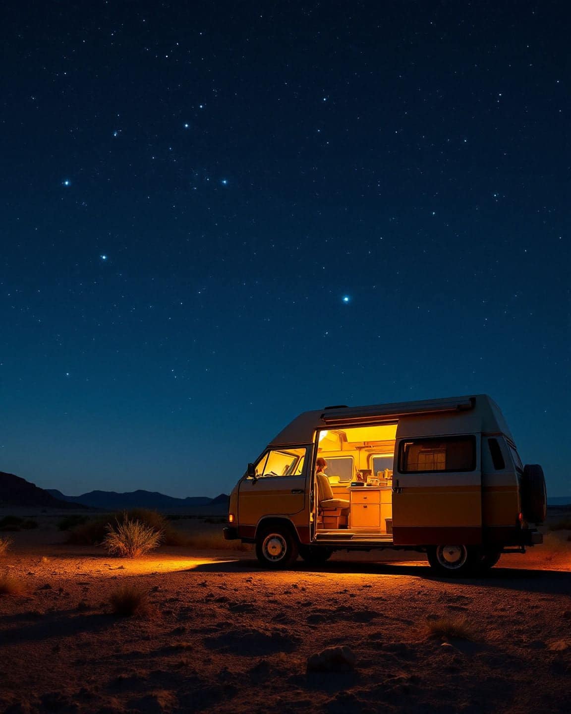 A camper van glows warmly under a starry desert sky.