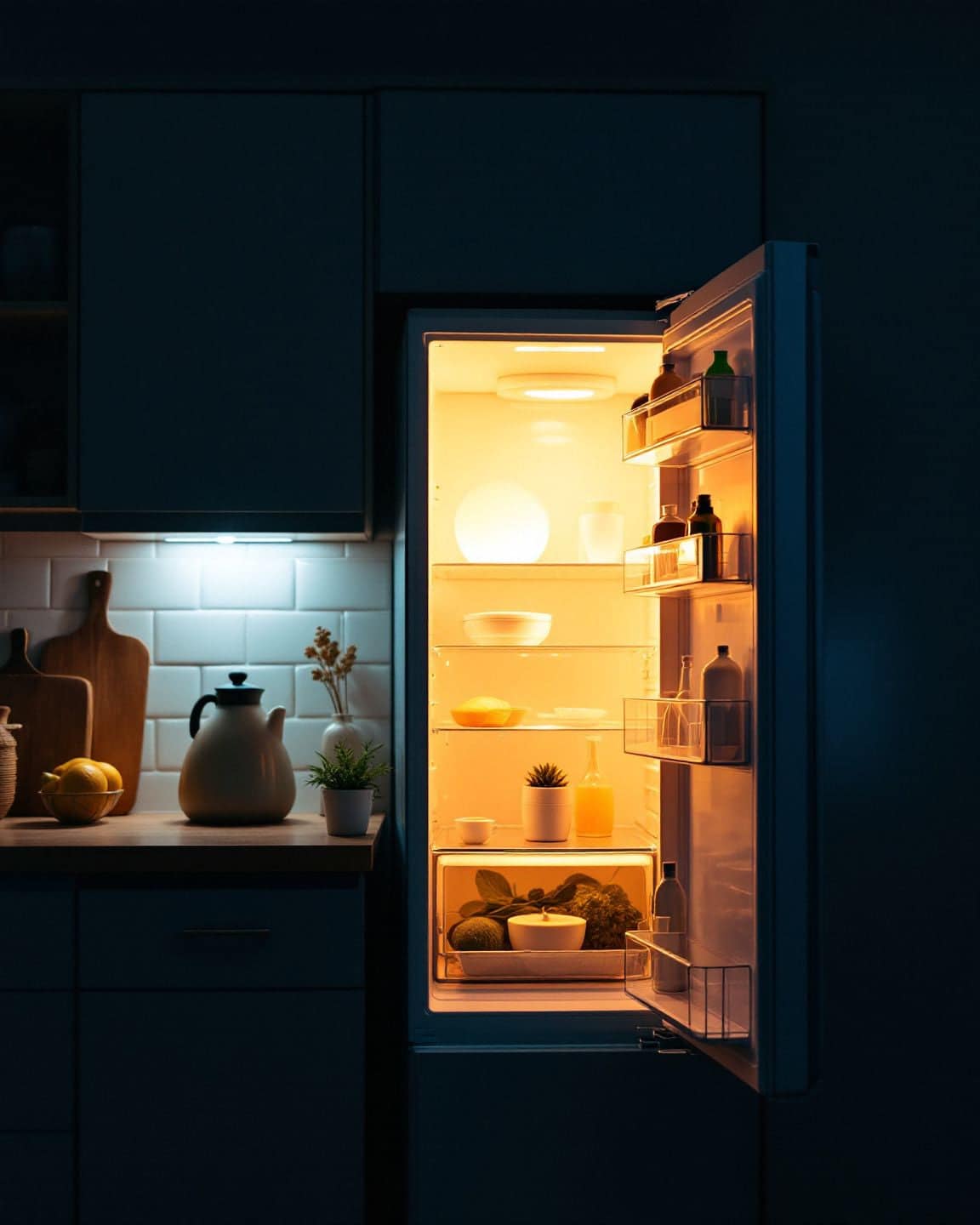 An open refrigerator lit up in a dark kitchen.