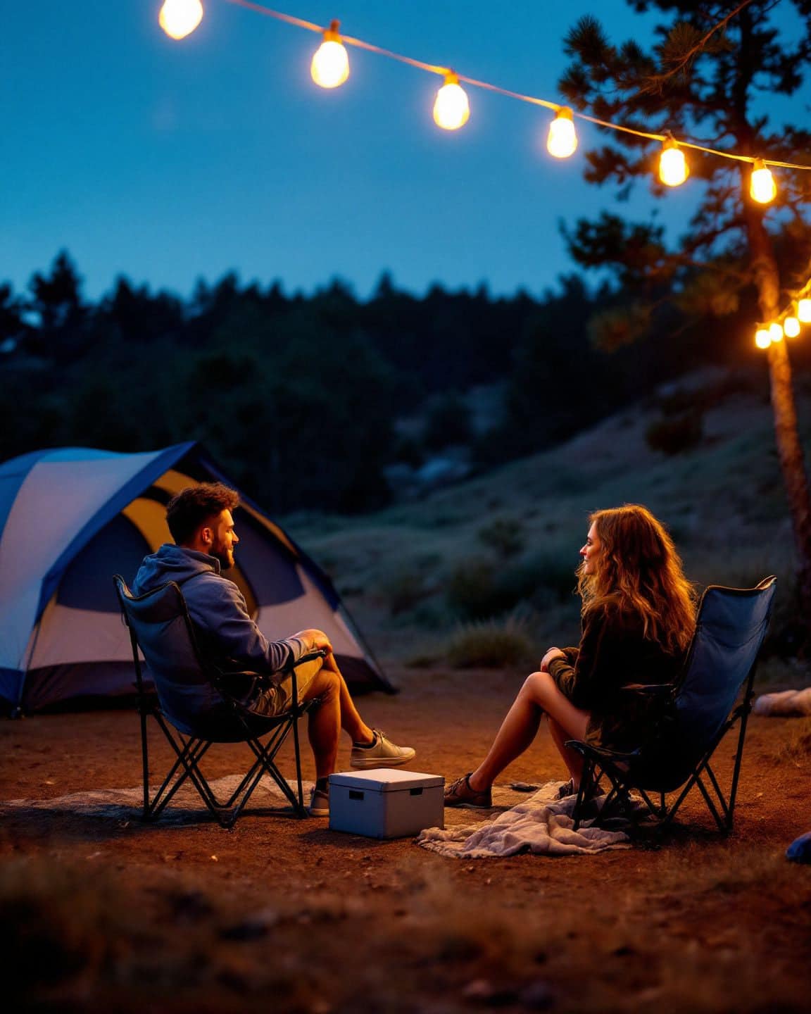 Two friends sit in camp chairs by a tent under string lights at dusk.