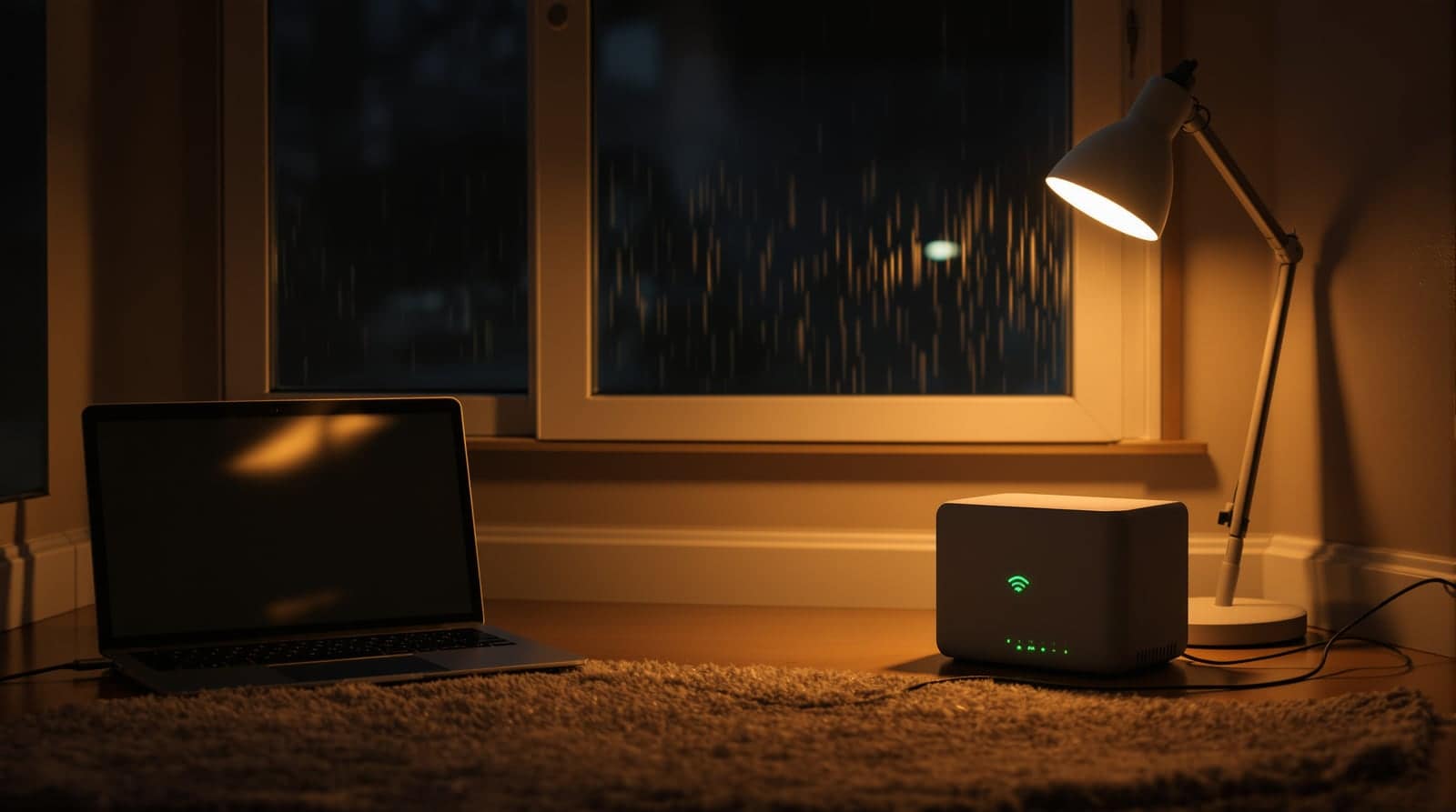 A laptop, a glowing router and a desk lamp keep working by a rain-streaked window during a nighttime outage.