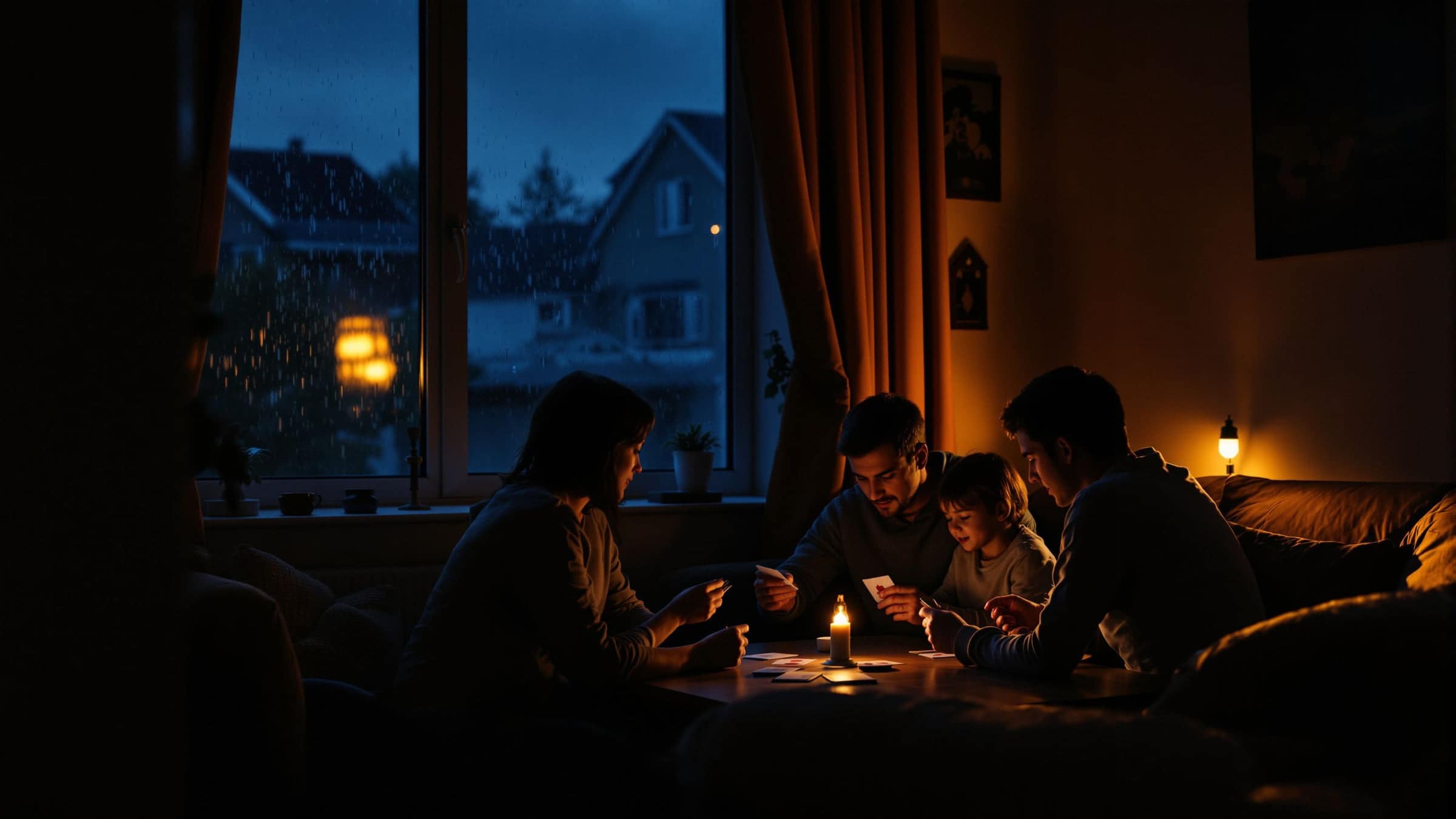 A family plays cards by candlelight in a dark living room while rain falls outside.